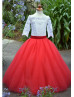 Off Shoulder White Lace Red Tulle Floor Length Flower Girl Dress